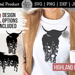 Floral Highland Cow features wildflowers inside two different hairy cow silhouettes. Shown on a women's white t shirt.    SVG, JPEG, PNG, and DXF file types available
