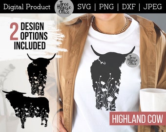 Highland Cow SVG, Floral Highland Cow SVG, Highland Cow with Flowers Cut File, Highland Cow with Wildflowers PNG, Farm Animal with Flowers
