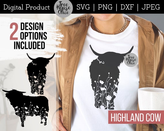 Highland Cow SVG, Floral Highland Cow SVG, Highland Cow with Flowers Cut File, Highland Cow with Wildflowers PNG, Farm Animal with Flowers