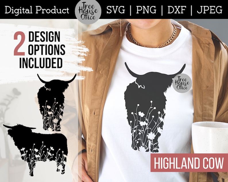 Floral Highland Cow features wildflowers inside two different hairy cow silhouettes. Shown on a women's white t shirt.    SVG, JPEG, PNG, and DXF file types available