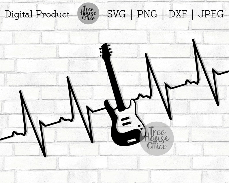 Puede incluir: Silueta en blanco y negro de una guitarra el&eacute;ctrica con una l&iacute;nea de latido del coraz&oacute;n detr&aacute;s. La imagen est&aacute; sobre un fondo de ladrillo blanco.
