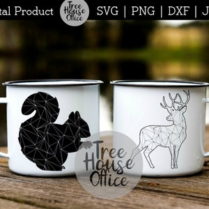 May include: Two white enamel mugs with black geometric designs of a squirrel and a deer. The mugs are on a wooden surface. The text "Tree House Office" is visible on the mugs.