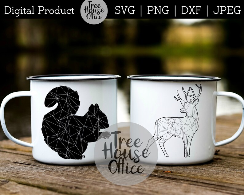 May include: Two white enamel mugs with black geometric designs of a squirrel and a deer. The mugs are on a wooden surface. The text "Tree House Office" is visible on the mugs.