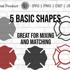 May include: Five basic shapes in gray, black, and red. The shapes are a cross, a circle with a cross inside, and a cross with a circle inside. The text "5 BASIC SHAPES" and "GREAT FOR MIXING AND MATCHING" is displayed above the shapes.