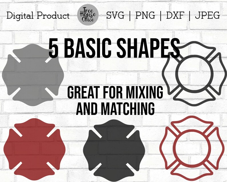 May include: Five basic shapes in gray, black, and red. The shapes are a cross, a circle with a cross inside, and a cross with a circle inside. The text "5 BASIC SHAPES" and "GREAT FOR MIXING AND MATCHING" is displayed above the shapes.