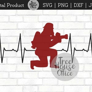Firefighter SVG, Firefighter Silhouette with Heartbeat Cut File, Fireman EKG svg, Firefighter Kneeling with Hose, Firefighter Lifeline SVG