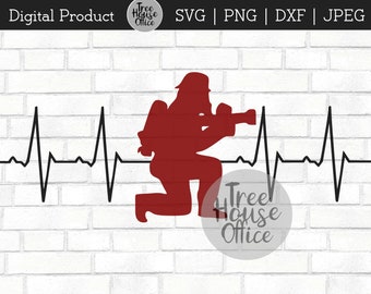 Firefighter SVG, Firefighter Silhouette with Heartbeat Cut File, Fireman EKG svg, Firefighter Kneeling with Hose, Firefighter Lifeline SVG