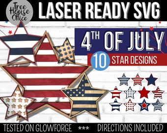 Layered Star Laser SVG, 4th of July Glowforge SVG Cut File, Patriotic Star with American Flag Laser SVG, Americana Star Laser svg, July 4th
