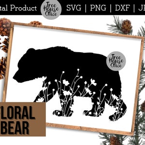 Floral Bear SVG, Bear Silhouette Cut File, Bear with Wildflowers PNG, Wildflower Bear Forest Animal SVG, Hand Drawn Realistic Cricut Svg