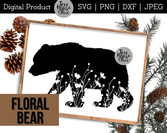 花柄のクマの SVG、クマのシルエットのカット ファイル、野生の花を持つクマの PNG、野生の花を持つクマの森の動物の SVG、手描きのリアルな Cricut SVG