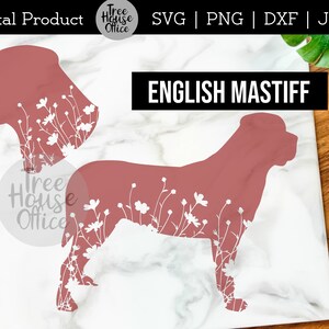 May include: Digital download of an English Mastiff silhouette with a floral design. The silhouette is a light pink color and the flowers are white.
