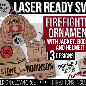 Firefighter Ornament SVG for Laser, Glowforge Firefighter Boots Jacket Helmet Ornament, Personalized Fire Department for Laser Cutters