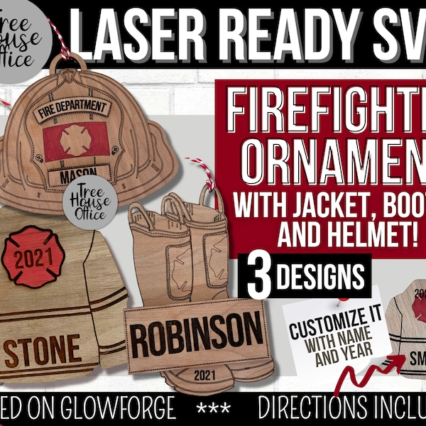 Feuerwehrmann Ornament SVG für Laser, Glowforge Feuerwehrstiefel Jacke Helm Ornament, Personalisierte Feuerwehr für Laserschneider