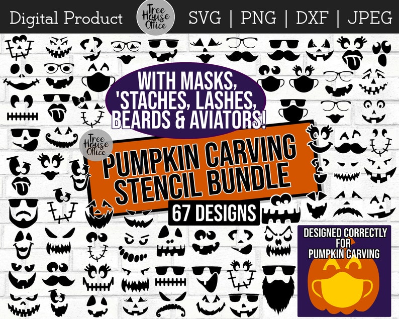 Pumpkin Carving svg, Jack O Lantern Faces SVG, Pumpkin Face Clipart, Pumpkin with Mask Glasses, Pumpkin Stencil, Halloween Pumpkin Face SVG image 1