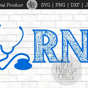 May include: Blue and white digital design of the letters RN with a stylized stethoscope. The letters are filled with a decorative pattern.