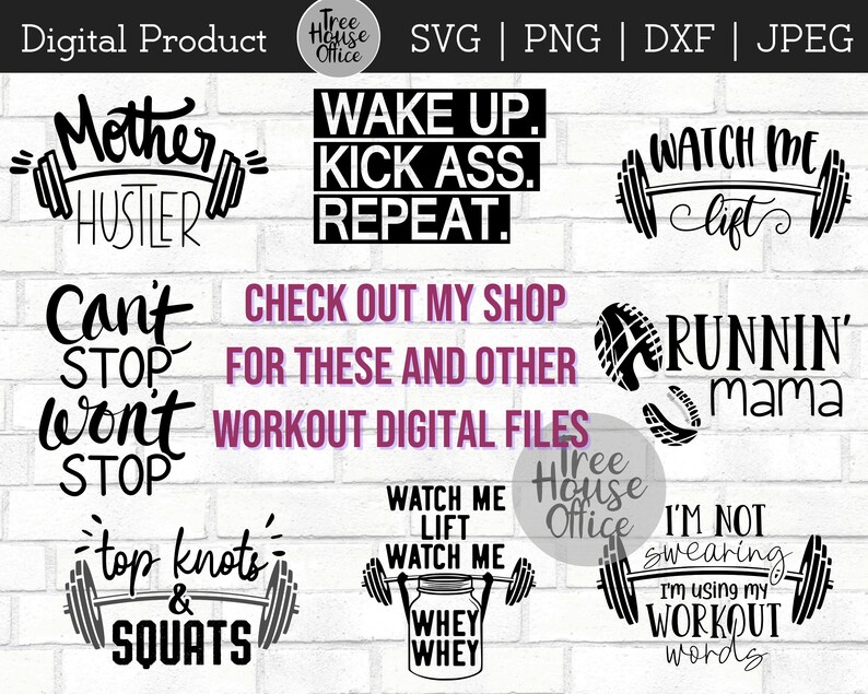 K&ouml;nnte beinhalten: Ein Satz von 10 schwarzen und wei&szlig;en digitalen Workout-SVG-Dateien. Die Dateien enthalten motivierende Zitate wie "Mother Hustler", "Wake Up. Kick Ass. Repeat." und "Watch Me Lift".