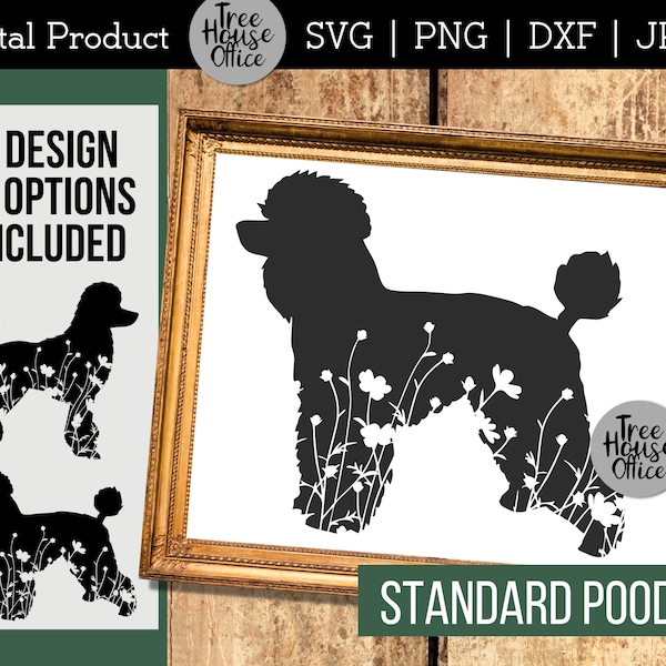 Floral Poodle SVG, Standard Poodle Silhouette PNG, Poodle with Flowers SVG Cut File, Poodle Dog with Wildflowers png sublimation, Poodle svg