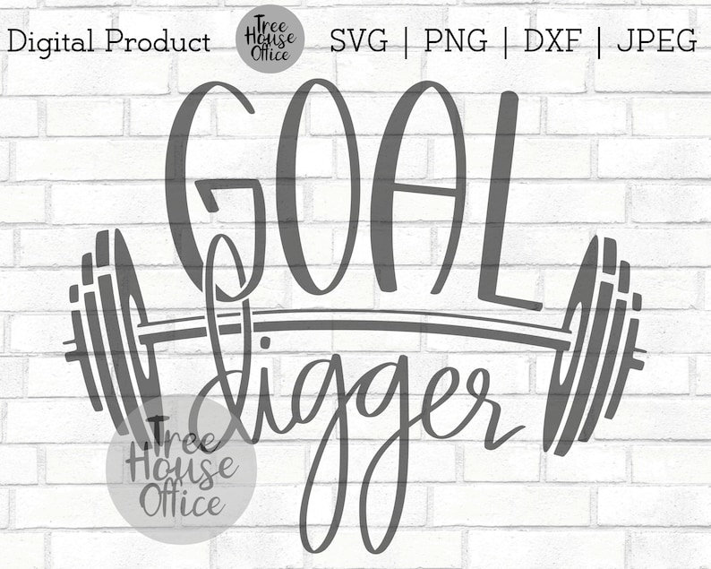 K&ouml;nnte beinhalten: Ein digitales Design in Grau und Wei&szlig; mit einer Langhantel und dem Text "GOAL digger" in einer handschriftlichen Schrift.