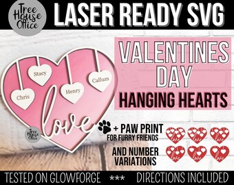 Valentines Day SVG, Valentine&#39;s Day Hanging Hearts for Family and Pets, Valentine Laser SVG Cut File, Custom Family Name Laser SVG with Love