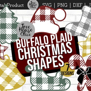 May include: Seven digital cut files of buffalo plaid Christmas shapes in red, green, gray, and gold. The shapes include a Christmas tree, stocking, star, candy cane, sleigh, and a Santa hat. The text "Buffalo Plaid Christmas Shapes" and "7 Designs" is included in the image.