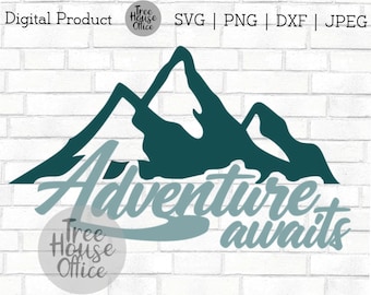 May include: A teal blue mountain range graphic with the text "Adventure awaits" in a light blue color. The graphic is on a white brick background.