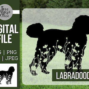Labradoodle floral SVG, silhueta de Labradoodle de flores silvestres PNG, Labradoodle com flores SVG, arquivo de corte cricut de Labradoodle florido Clipart
