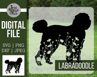 Labradoodle floral SVG, silhueta de Labradoodle de flores silvestres PNG, Labradoodle com flores SVG, arquivo de corte cricut de Labradoodle florido Clipart