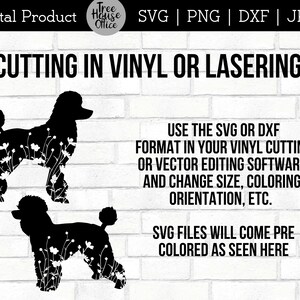Floral Poodle Dog SVG Digital Files features two different poodle dog designs with wildflowers inside the dog silhouette.  Directions given for cutting SVG and DXF in vinyl