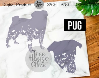 Pug SVG DXF PNG jpeg, Floral Pug Mandala Zentangle svg, Pug Dog Silhouette svg, Cute Pug with Flowers Mendela jpg, Pug Design Clipart Png