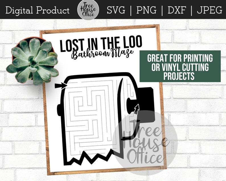 May include: Black and white printable design of a toilet paper roll maze with the text "Lost in the Loo Bathroom Maze".