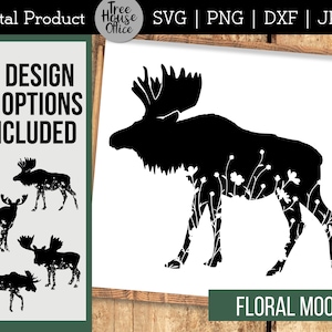 Floral Moose SVG, Woodland Moose With Wildflowers Cut File svg, Moose Silhouette PNG, Moose Forest Animal with Flowers svg, Moose png