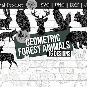 May include: A set of 16 geometric forest animal designs in black and white. The animals include a deer, fox, owl, rabbit, bear, squirrel, and bird. The designs are perfect for crafting, scrapbooking, and other creative projects.