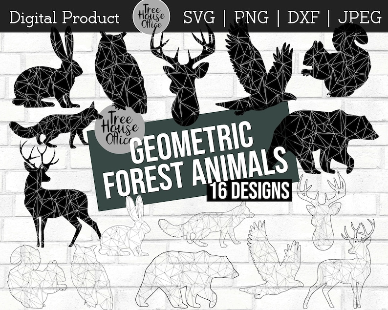 May include: A set of 16 geometric forest animal designs in black and white. The animals include a deer, fox, owl, rabbit, bear, squirrel, and bird. The designs are perfect for crafting, scrapbooking, and other creative projects.