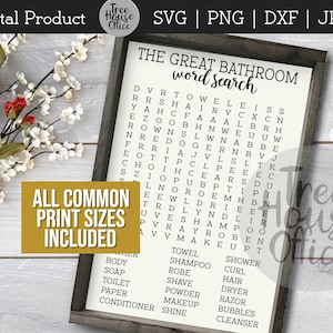 May include: A printable word search puzzle with the title "The Great Bathroom Word Search". The puzzle features a grid of letters with words related to bathrooms hidden within. A list of words to find is included below the puzzle.