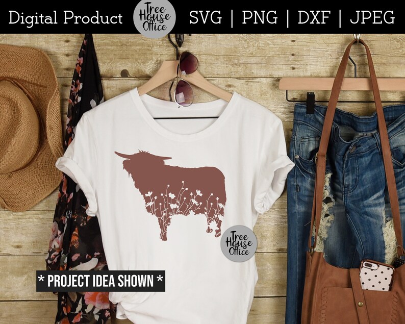 Floral highland cow silhouette shown on a white shirt with cowboy western gear.  Great for cutting in vinyl using silhouette or cricut.  SVG, JPEG, PNG, and DXF file types available
