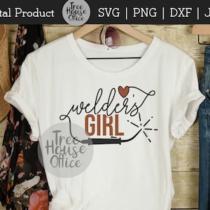 Welders Girl SVG with welding torch shown applied to a white shirt as a finished project idea