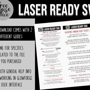 Pu&ograve; includere: Una guida di download digitale per file SVG pronti per il laser. La guida include istruzioni su come utilizzare i file e suggerimenti per la risoluzione dei problemi. Il testo sulla guida dice "Laser Ready SVG" e "Grazie per l'acquisto!"