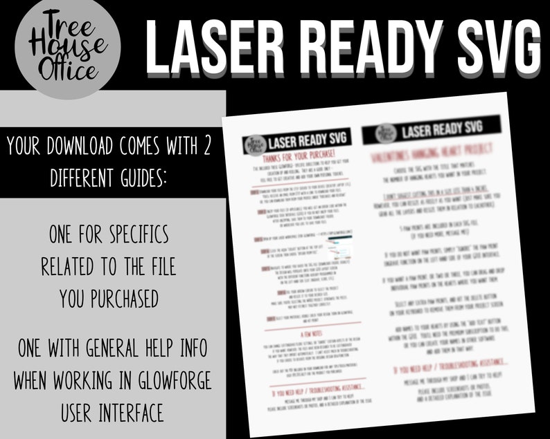 Pu&ograve; includere: Una guida di download digitale per file SVG pronti per il laser. La guida include istruzioni su come utilizzare i file e suggerimenti per la risoluzione dei problemi. Il testo sulla guida dice "Laser Ready SVG" e "Grazie per l'acquisto!"