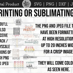 May include: Digital graphic with text: "PRINTING OR SUBLIMATING?" and real estate themed designs. Includes text about PNG and JPEG file types, high resolution, and black/grayscale versions. The image is up to 50 cm wide.