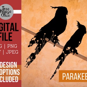 Parakeet SVG, Floral Parakeet Bird SVG, Parakeet Bird with Flowers Cut File, Parakeet with Wildflowers PNG, Pet Bird Silhouette with Flowers