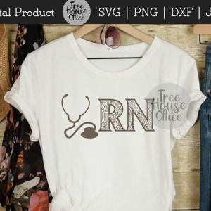 May include: A white t-shirt with a brown graphic of a stethoscope and the letters "RN" with a decorative pattern. The text "Tree House Office" appears twice on the image.