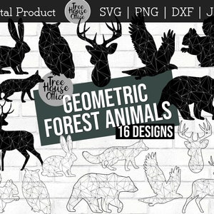 May include: A set of 16 geometric forest animal designs in black and white. The animals include a deer, fox, owl, rabbit, bear, squirrel, and bird. The designs are perfect for crafting, scrapbooking, and other creative projects.
