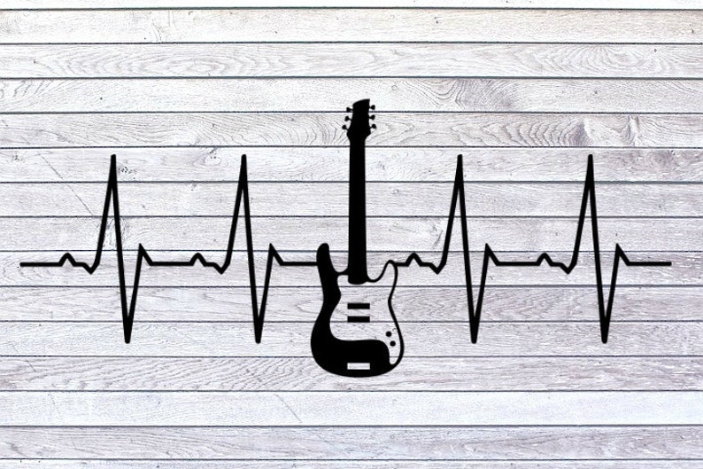Puede incluir: Silueta en blanco y negro de una guitarra el&eacute;ctrica con una l&iacute;nea de latido del coraz&oacute;n detr&aacute;s. La guitarra est&aacute; en el centro de la imagen y la l&iacute;nea de latido del coraz&oacute;n est&aacute; a cada lado de la guitarra.