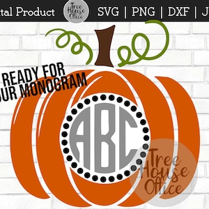 May include: Orange pumpkin with a gray circle containing the letters ABC in the center. The pumpkin has a green stem and is ready for a monogram.