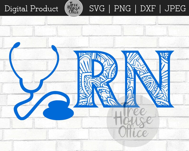 May include: Blue digital design of the letters RN with a stylized pattern inside the letters. A blue stethoscope is to the left of the letters.