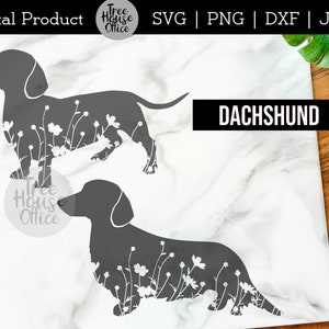 Floral Dachshund Wiener Dog SVG, Floral Weiner Dog Silhouette SVG Cut File, Dachshund with Flowers PNG, Weiner Dog with Wildflowers