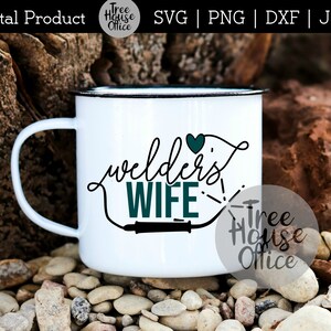 Welder's Wife SVG with welding torch shown applied to a white mug as a finished project idea