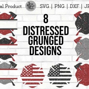 May include: Eight distressed and grunged designs featuring a firefighter's crossed axes emblem. The designs include red, black, and gray color variations with a distressed and grunged effect. The designs are perfect for creating custom crafts, apparel, and home decor.