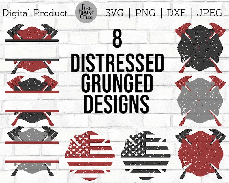 May include: Eight distressed and grunged designs featuring a firefighter's crossed axes emblem. The designs include red, black, and gray color variations with a distressed and grunged effect. The designs are perfect for creating custom crafts, apparel, and home decor.