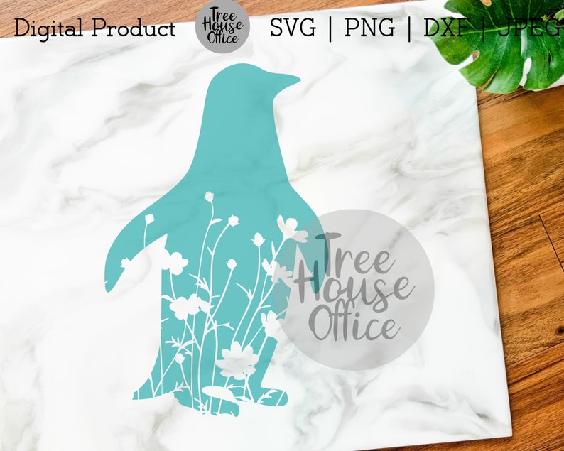 May include: A teal blue penguin silhouette with white flowers inside. The penguin is standing on a white marble background. The text "Tree House Office" is in a circle in the lower right corner of the image.